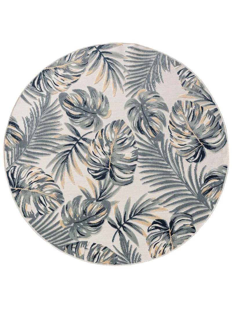 Tapis moderne motif floral palmier rond gris et bleu d'intérieur et d'extérieur 200 cm de diamètre