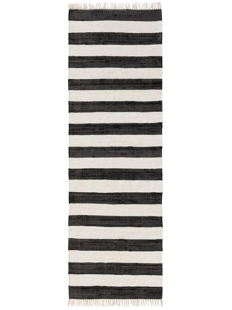 Tapis géométrique rayé à franges de couloir noir et blanc en coton 80x250 cm