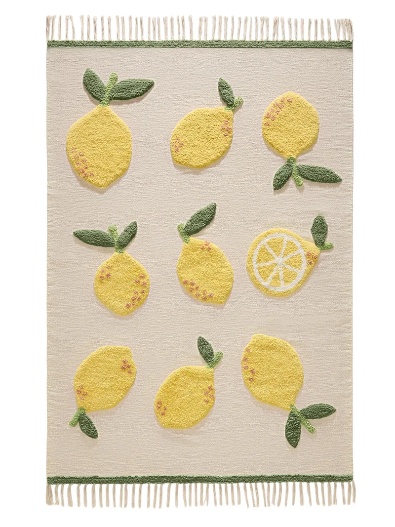 Tapis moderne motif citron enfant crème et jaune en coton 80x120 cm