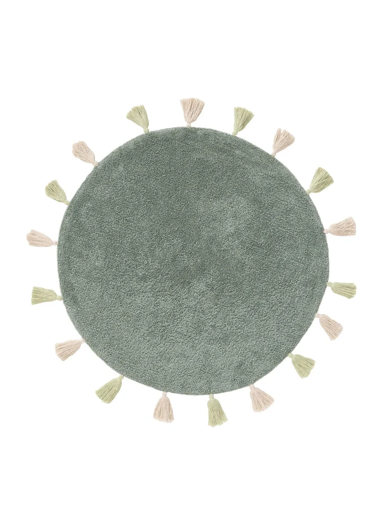 Tapis bohème à franges rond enfant vert en coton 100 cm de diamètre