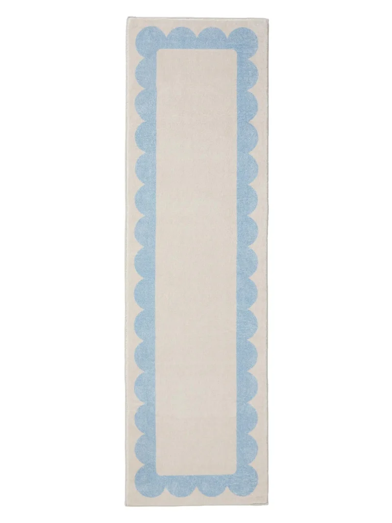 Tapis moderne encadrement retro de couloir beige et bleu 70x240 cm