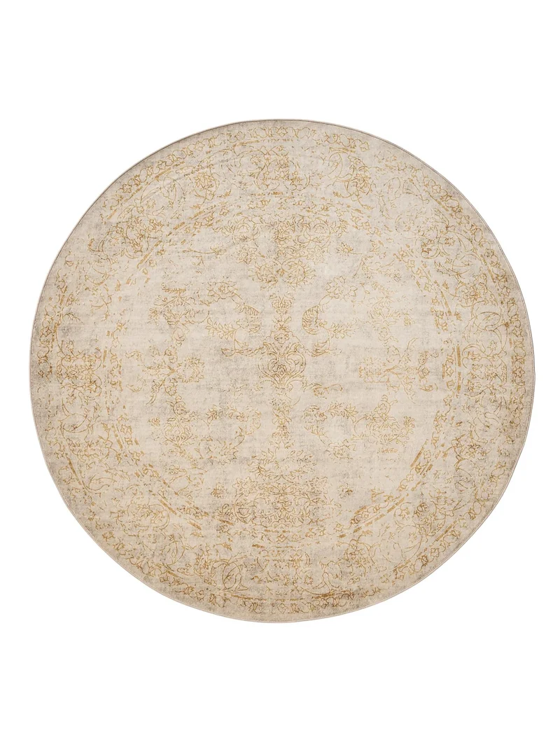 Tapis vintage oriental rond beige et jaune 160 cm de diamètre