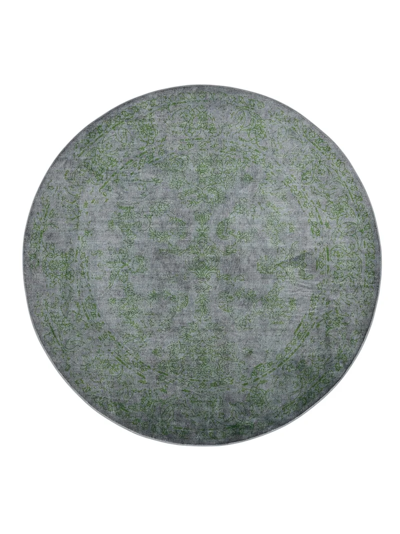 Tapis vintage oriental rond gris et vert 160 cm de diamètre