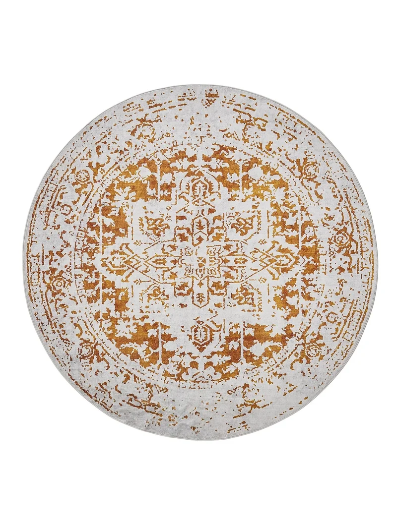 Tapis vintage oriental rond gris et orange 160 cm de diamètre