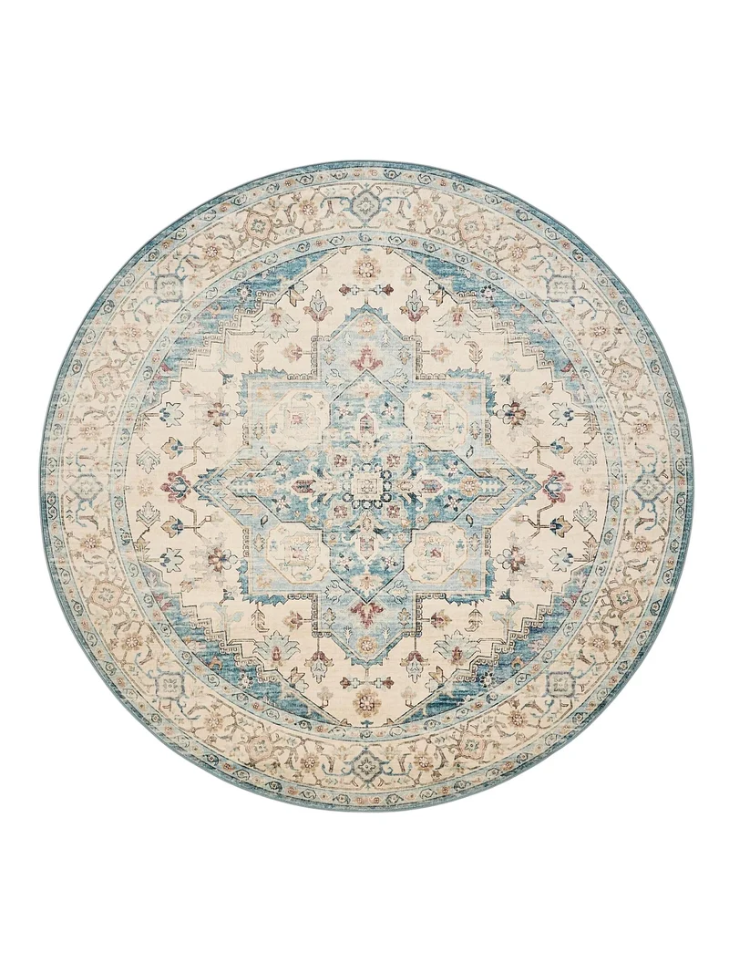 Tapis vintage oriental rond beige et bleu 160 cm de diamètre
