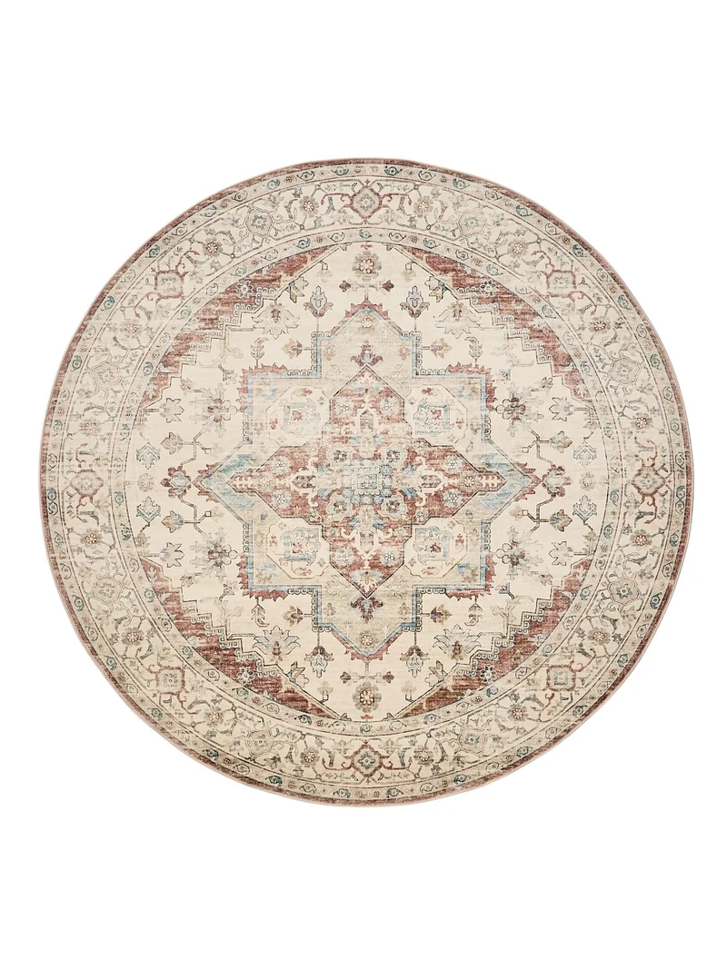 Tapis vintage oriental rond beige et rouge 160 cm de diamètre