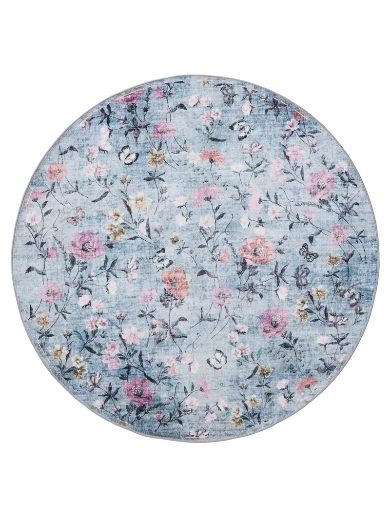 Tapis rétro motif à fleurs rond bleu et rose 160 cm de diamètre