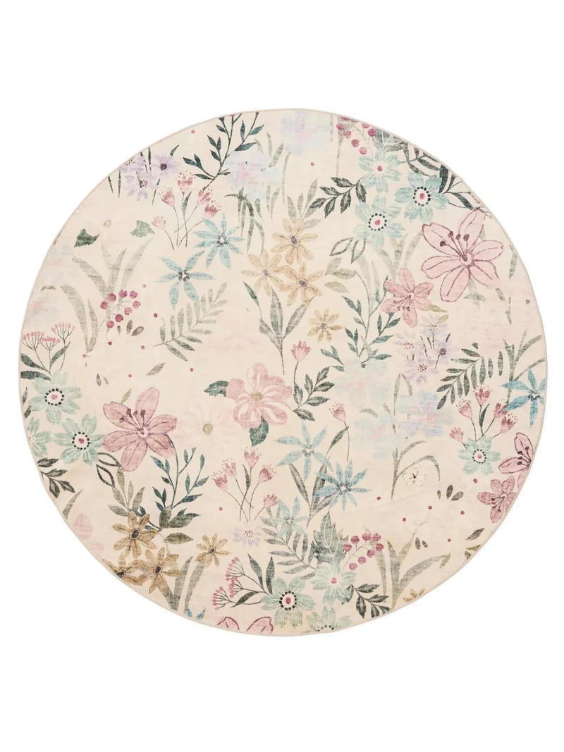 Tapis rétro motif à fleurs rond multicolore et rose poudré 160 cm de diamètre