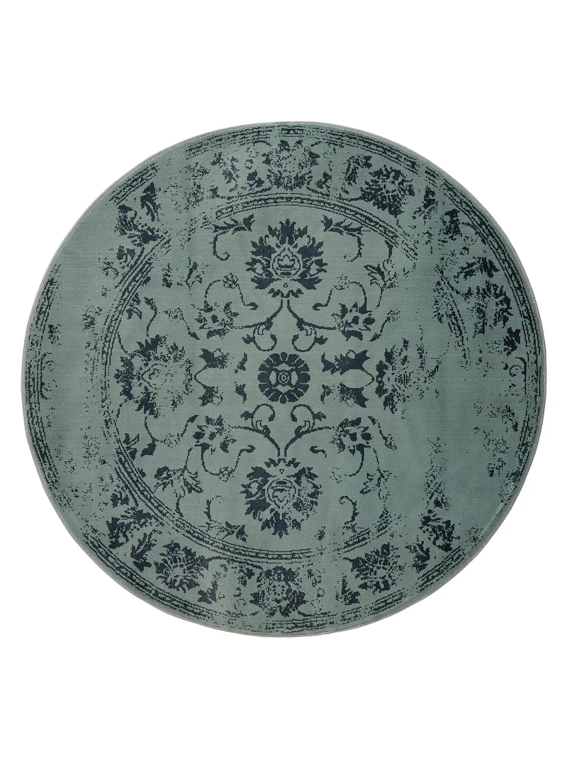 Tapis vintage motif floral rond vert et bleu 120 cm de diamètre