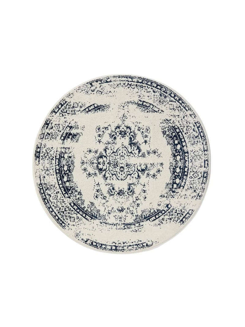 Tapis vintage motif oriental rond blanc et bleu foncé 160 cm de diamètre
