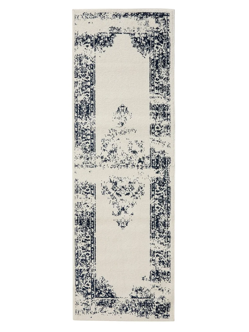 Tapis vintage motif oriental de couloir blanc et bleu foncé 80x240 cm
