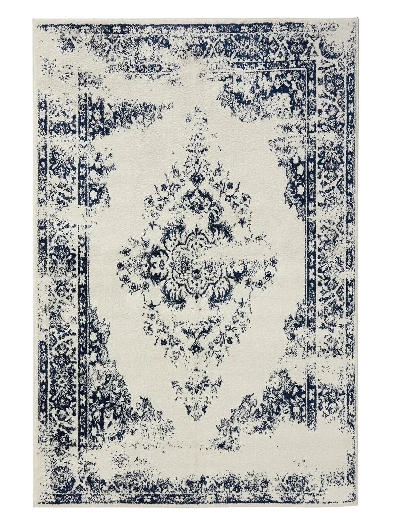 Tapis vintage motif oriental blanc et bleu foncé 160x230 cm