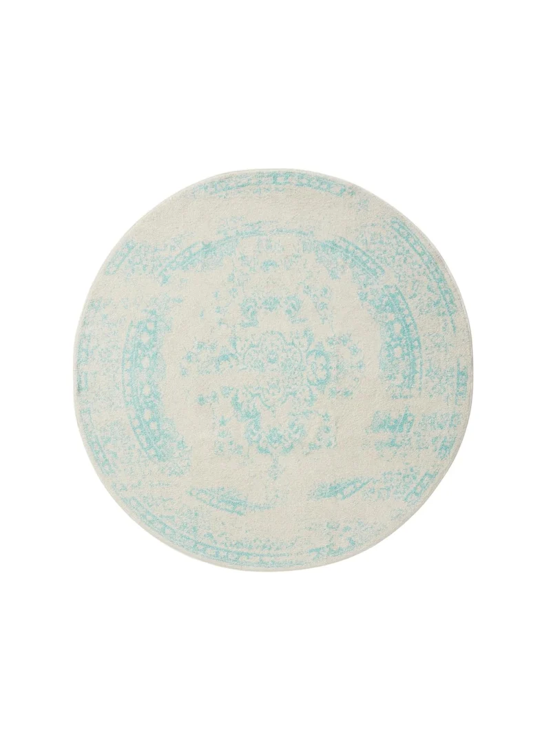 Tapis vintage motif oriental rond blanc et turquoise 120 cm de diamètre