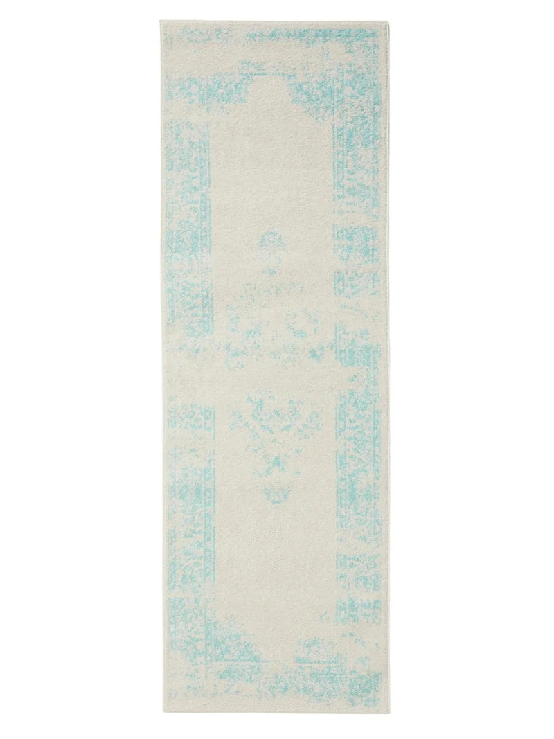 Tapis vintage motif oriental de couloir blanc et turquoise 80x240 cm