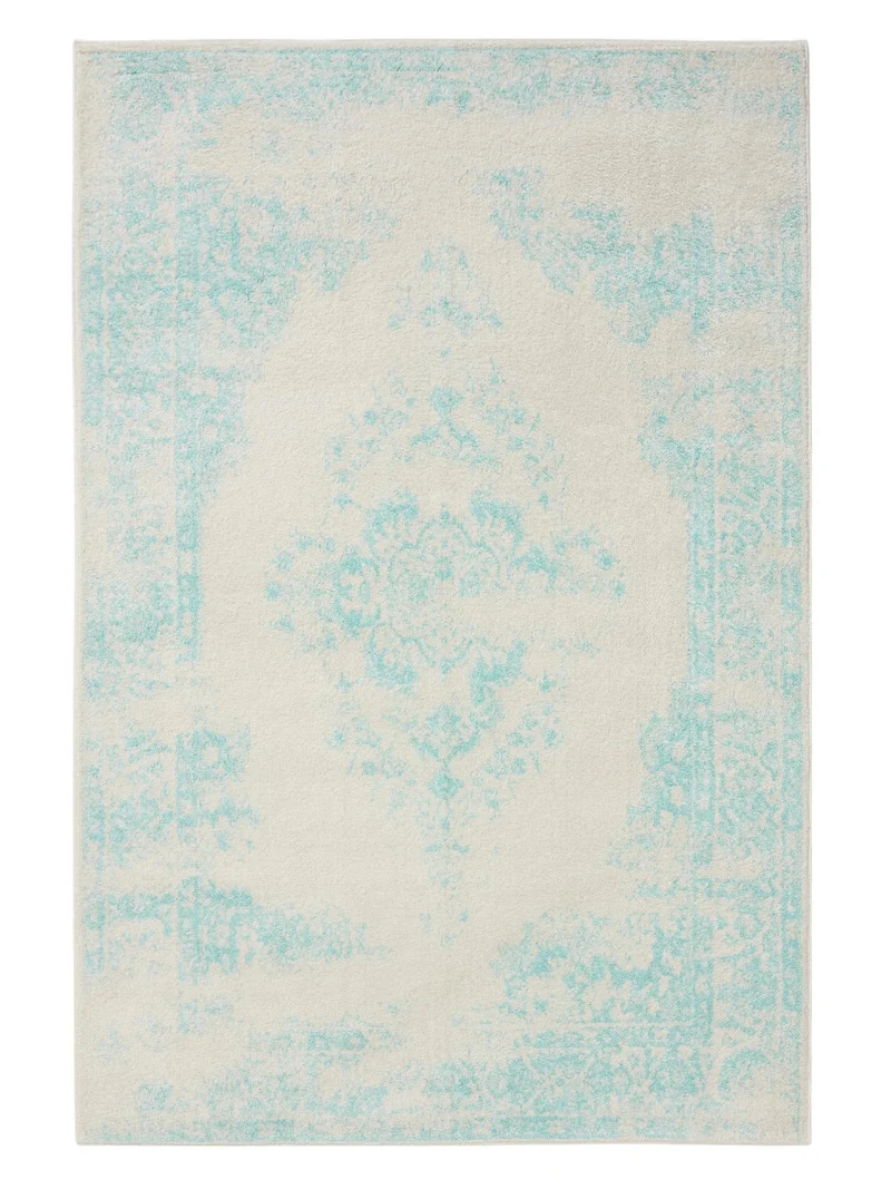 Tapis vintage motif oriental blanc et turquoise 120x170 cm