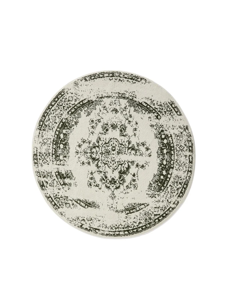 Tapis vintage motif oriental rond beige et vert 160 cm de diamètre