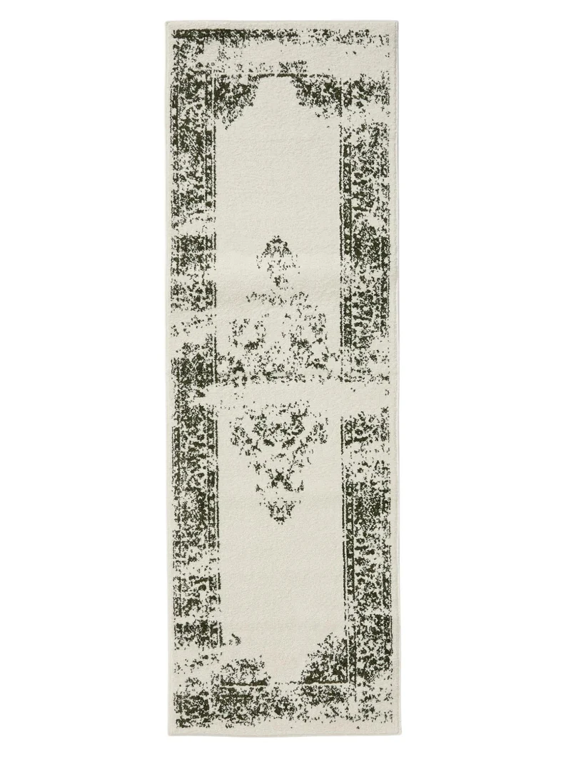Tapis vintage motif oriental de couloir beige et vert 80x240 cm