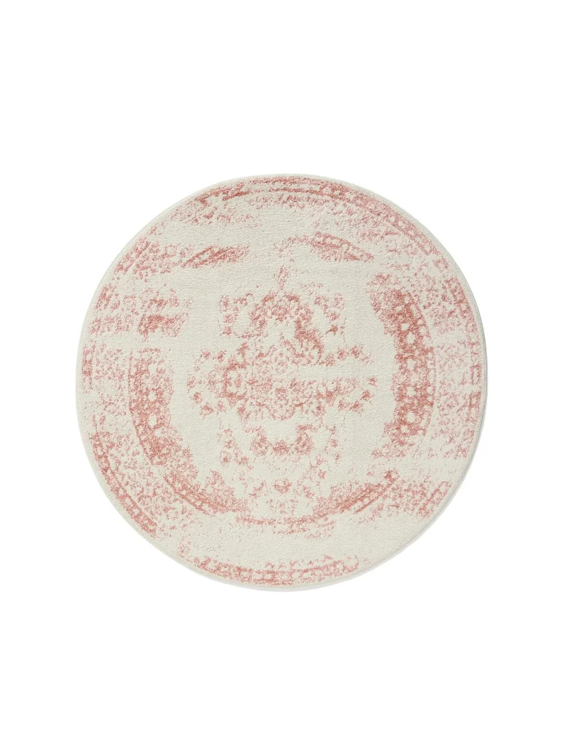 Tapis vintage motif oriental rond blanc et terracotta 120 cm de diamètre