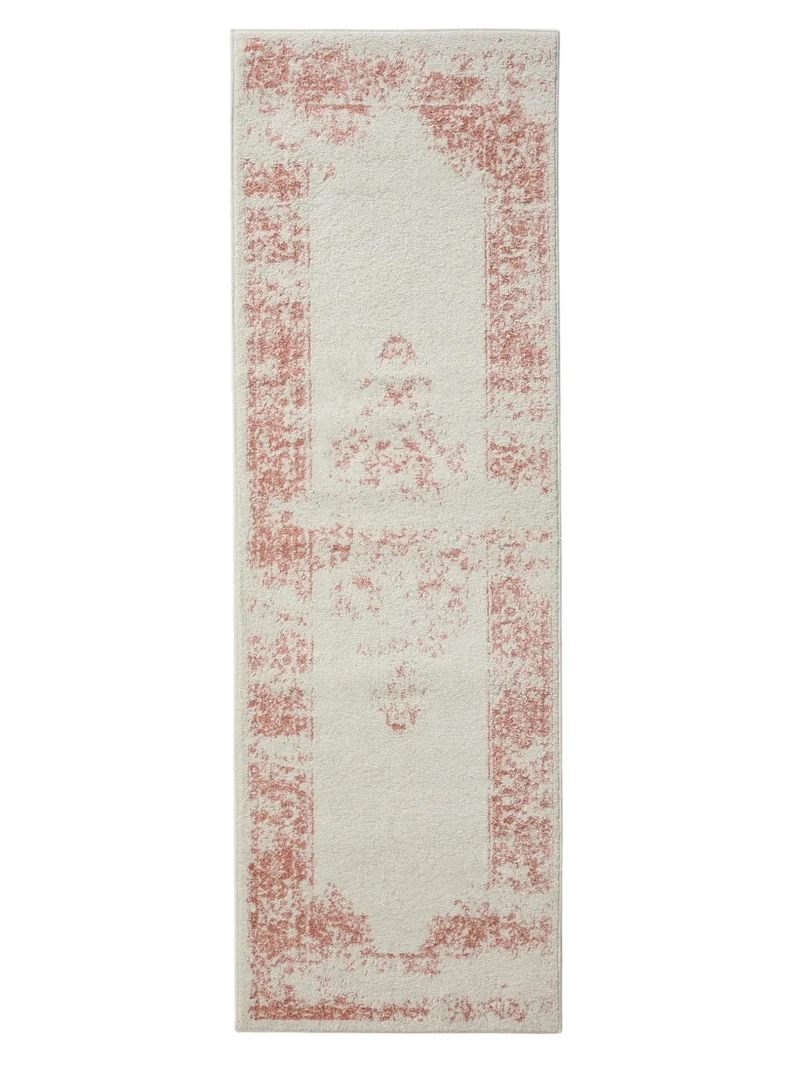 Tapis vintage motif oriental de couloir blanc et terracotta 80x240 cm