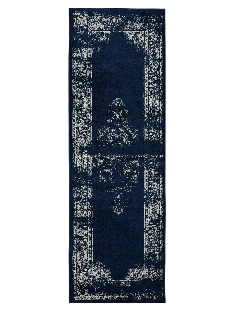 Tapis vintage motif oriental de couloir bleu foncé 80x240 cm