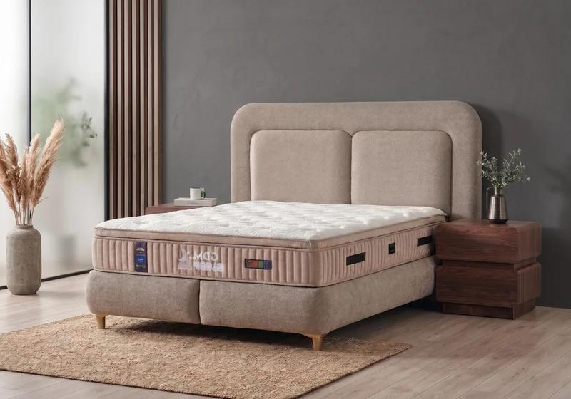 Ensemble lit coffre intégré tissu chenille taupe et matelas 7 zones - Enzo