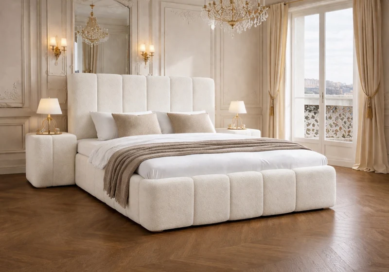 Lit capitonné coffre 160x200 bouclé blanc - Cloud