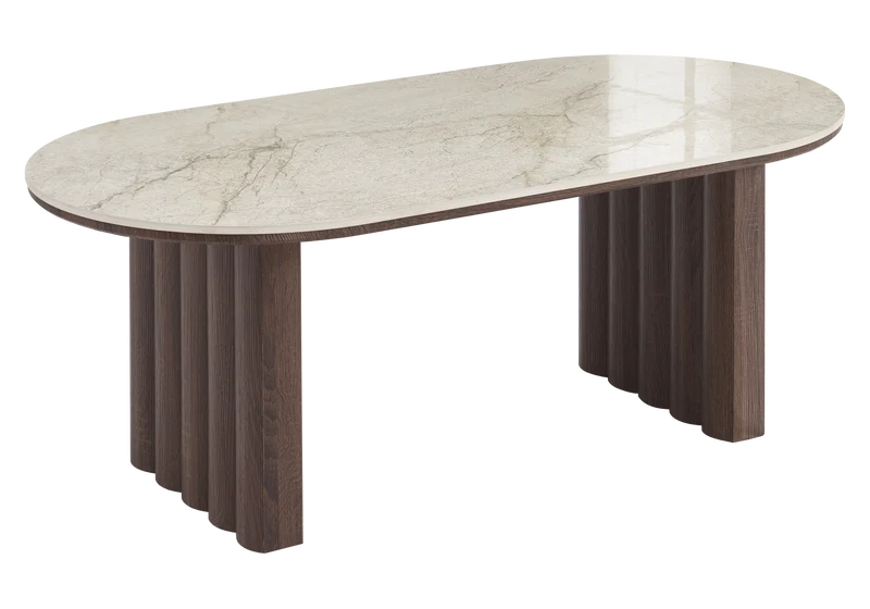 Table basse ovale marbre et noyer cannelé - Sola