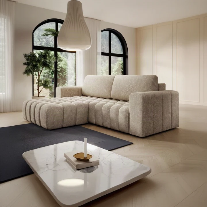 Canapé angle gauche BOZEN convertible coffre velours beige