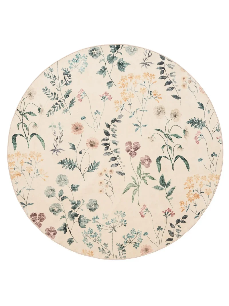 Tapis rétro motif à fleurs rond multicolore et beige 160 cm de diamètre