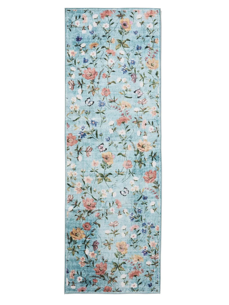 Tapis rétro motif à fleurs de couloir multicolore et bleu 80x240 cm