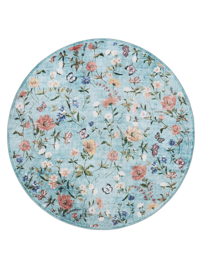 Tapis rétro motif à fleurs rond multicolore et bleu 160 cm de diamètre