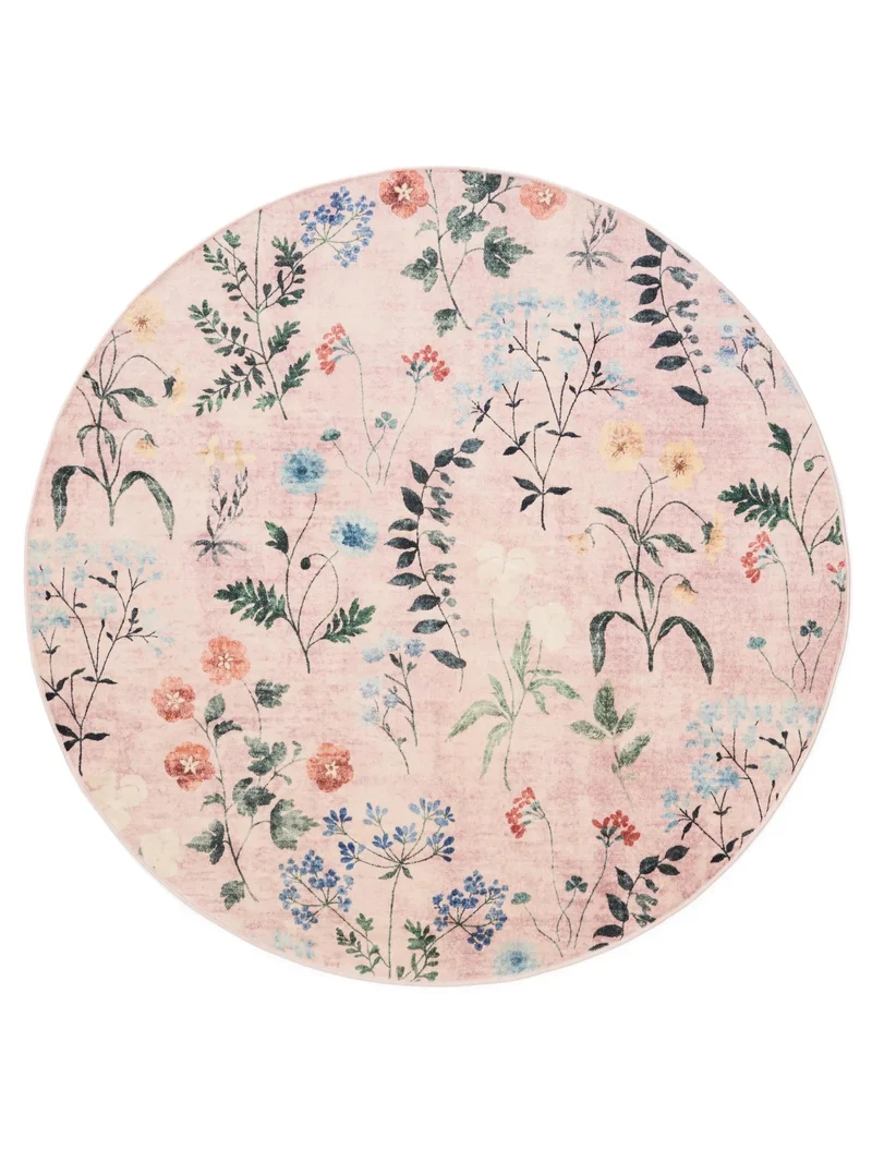 Tapis rétro motif à fleurs rond multicolore et rose 160 cm de diamètre