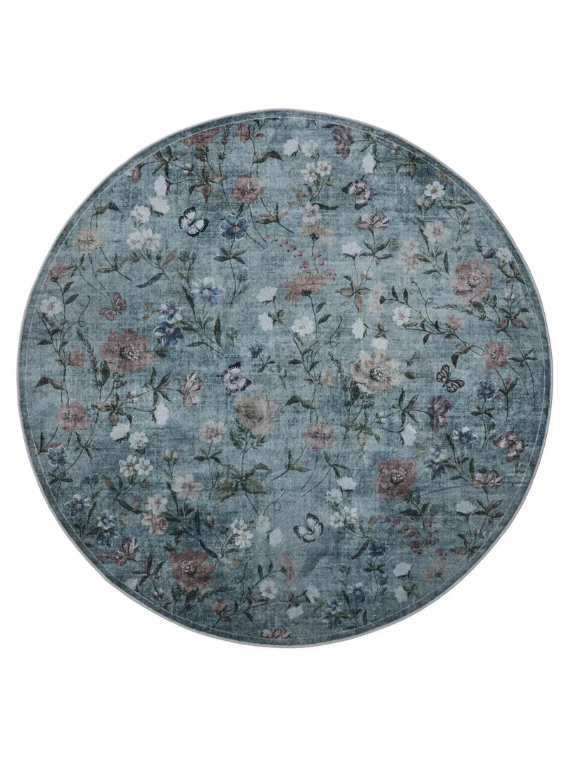 Tapis vintage motif à fleurs rond gris et bleu 160 cm de diamètre