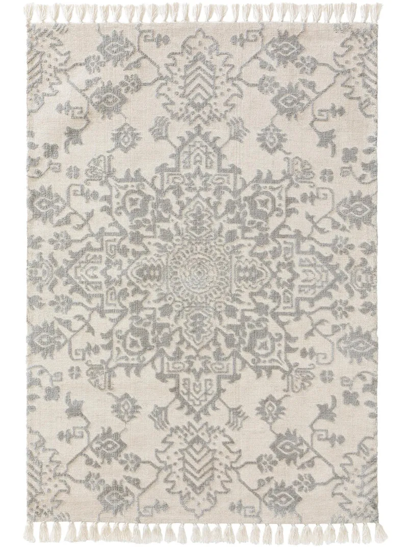 Tapis kilim motif fleurs à franges crème et gris 80x150 cm