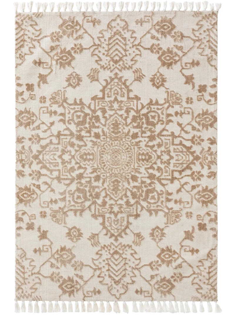 Tapis kilim motif fleurs à franges beige et crème 80x150 cm