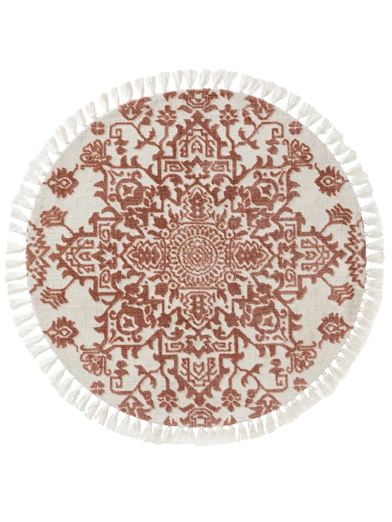 Tapis kilim motif fleurs à franges rond terracotta et crème 150 cm de diamètre