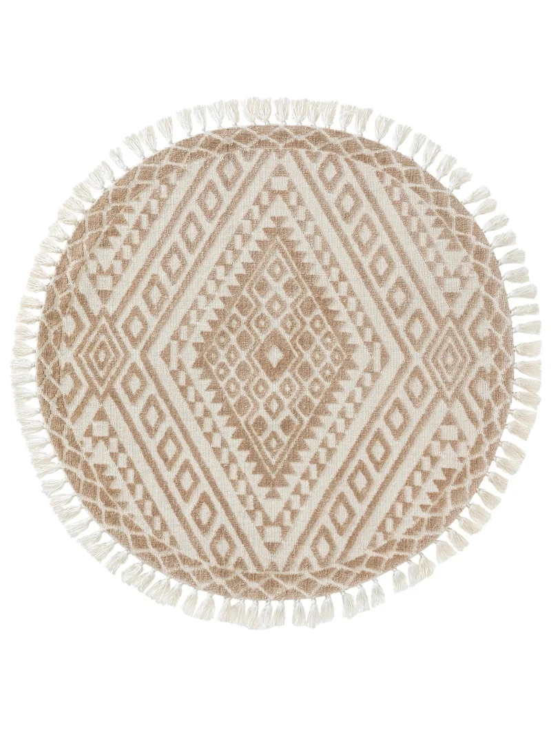 Tapis kilim moderne à franges rond beige 150 cm de diamètre