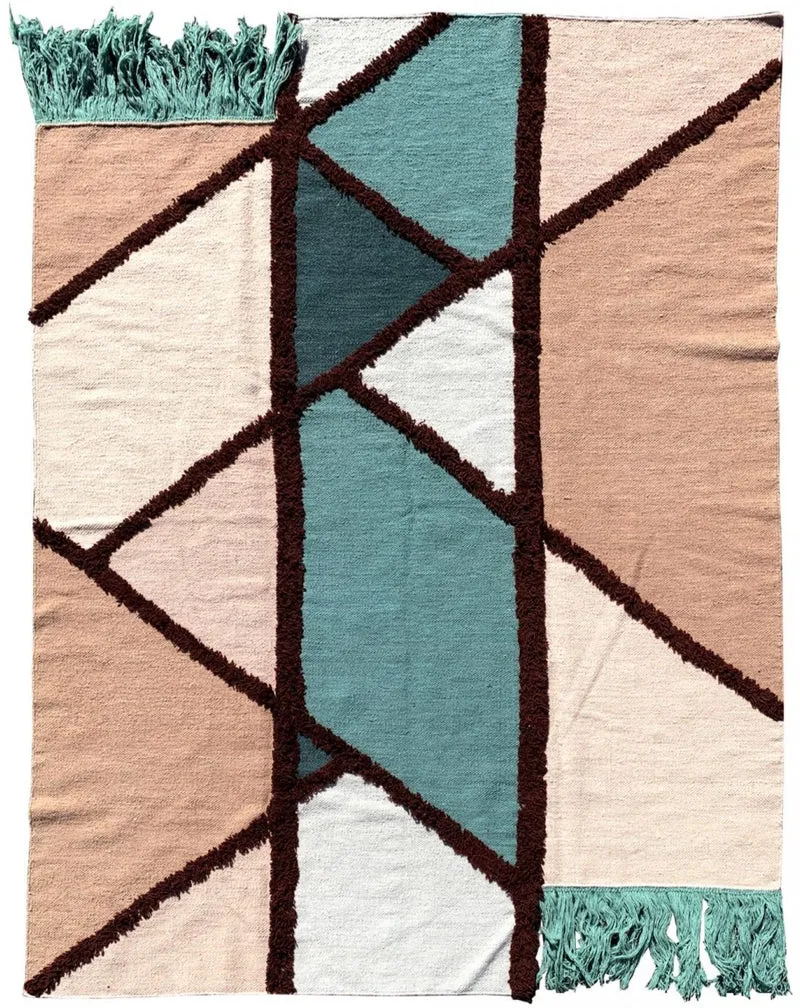 Tapis Moderne en relief turquoise, beige, bleu AFGHAN DHURRY