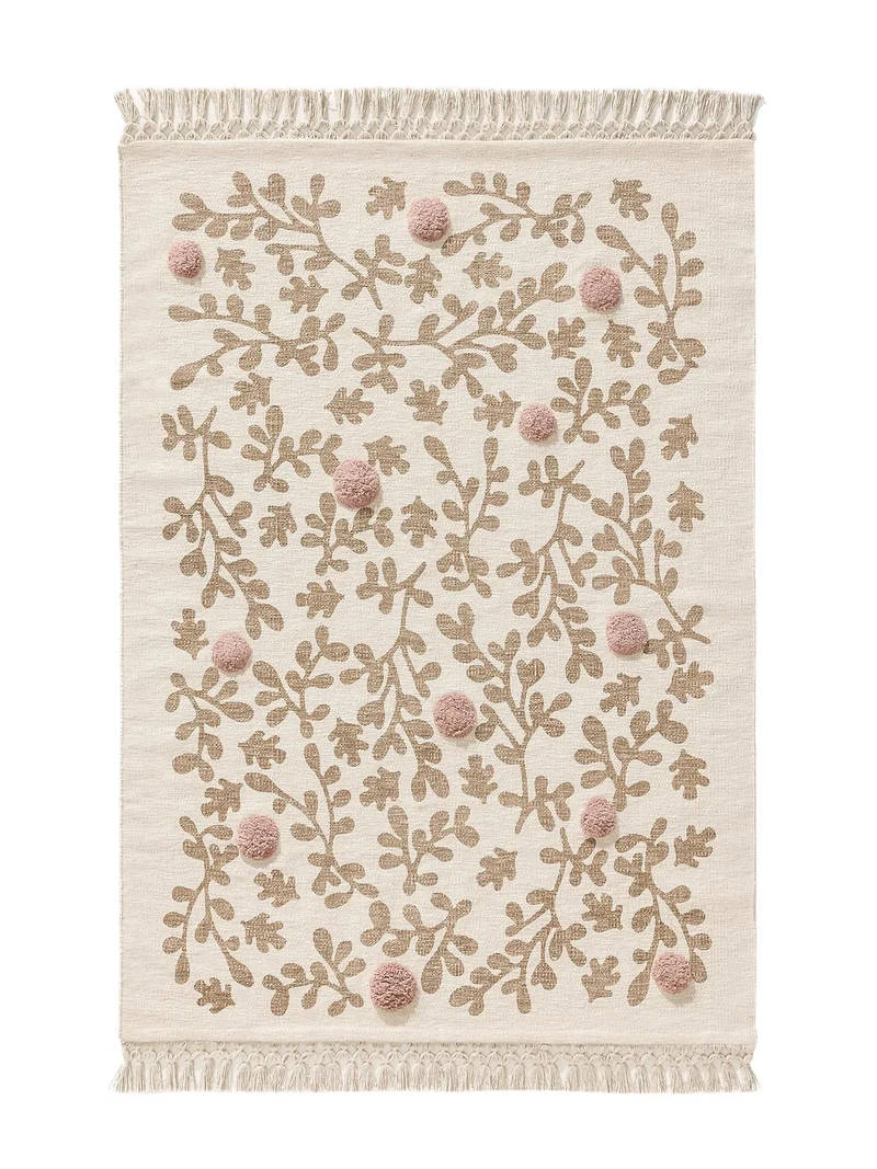Tapis design motif à fleurs avec franges enfant crème et rose en coton 120x170 cm