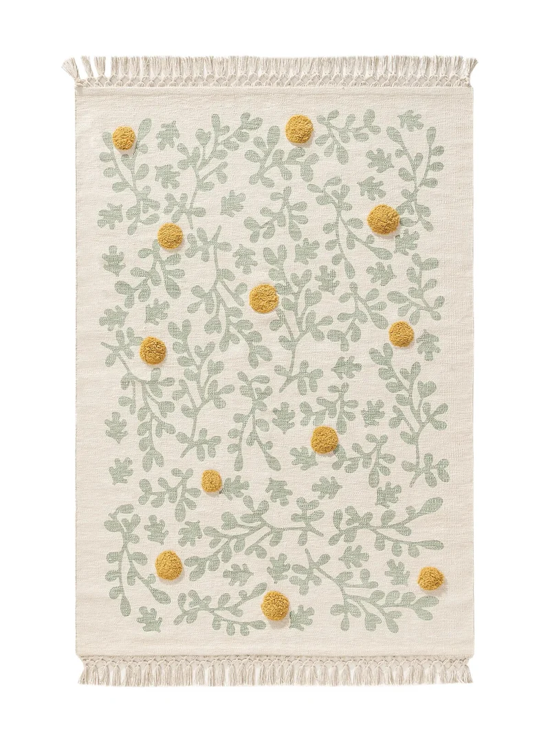 Tapis design motif à fleurs avec franges enfant crème et vert d'eau en coton 90x130 cm