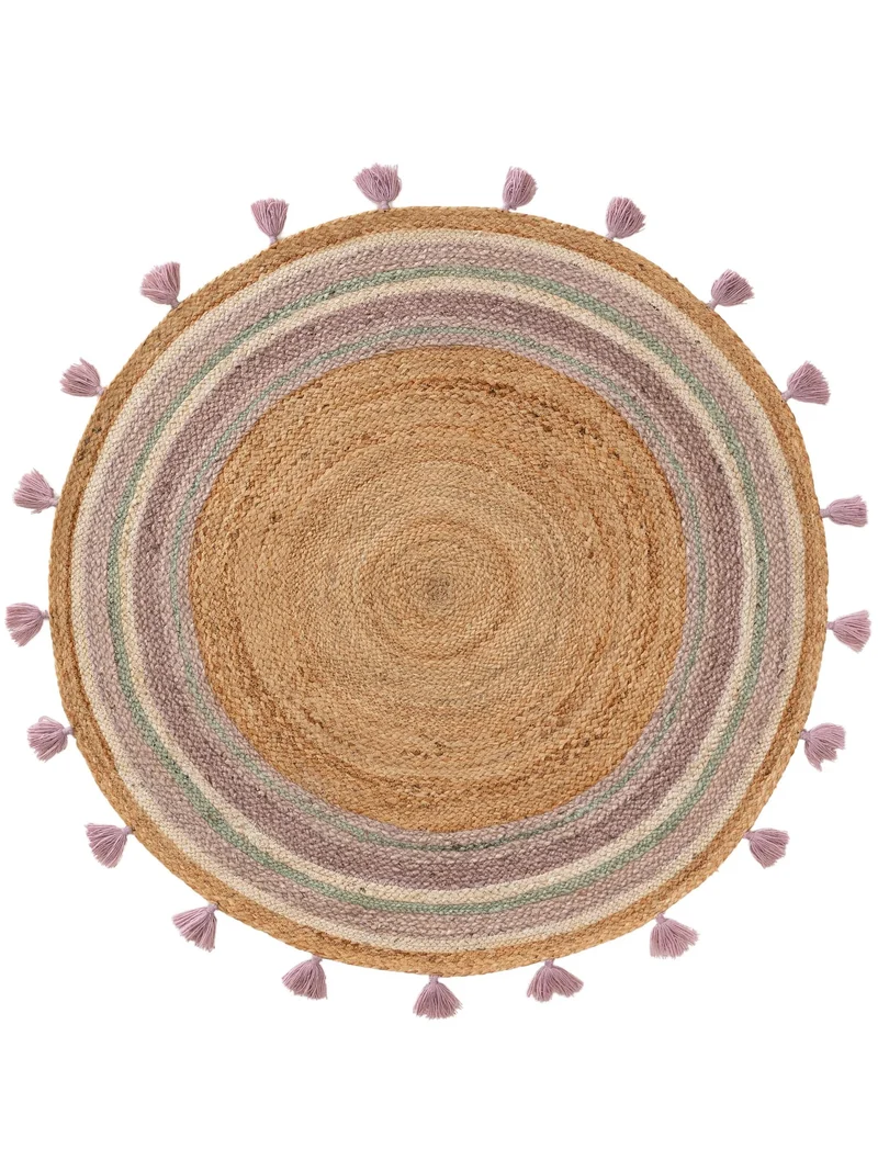 Tapis scandinave à franges rond enfant violet et marron en jute 115 cm de diamètre