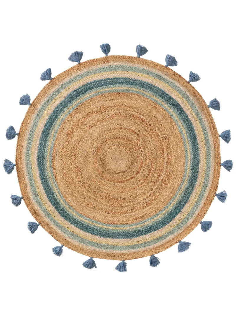 Tapis scandinave à franges rond enfant bleu et marron en jute 115 cm de diamètre