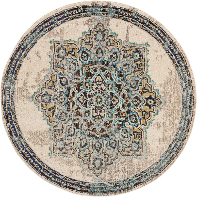 Tapis oriental rond beige et bleu 180 cm de diamètre