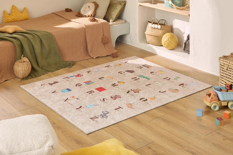 HAPPY - Tapis enfant lavable en machine beige à motif alphabet - HAP736BEI