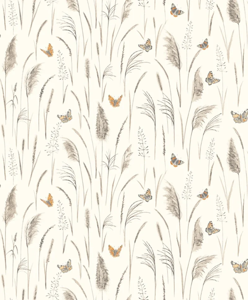 Papier peint panoramique nature floral et papillon fond beige Myrtil (Collection Empreinte)