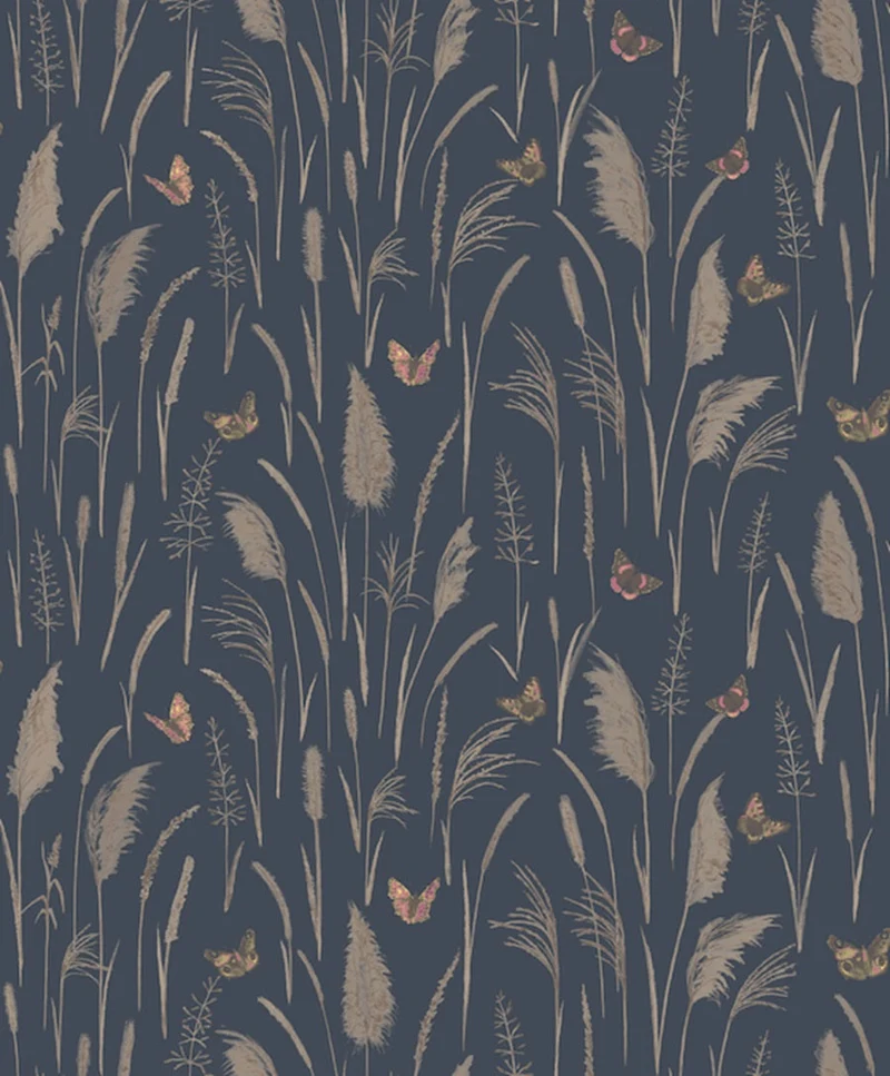 Papier peint panoramique nature floral et papillon fond bleu Myrtil (Collection Empreinte)