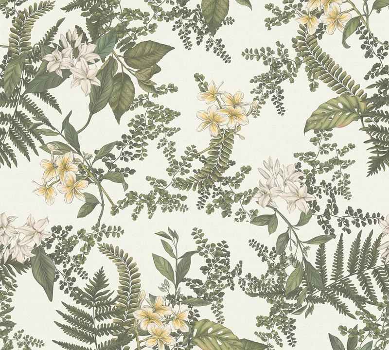 Papier peint floral et frais fond blanc cassé Senteur des prés (Collection Empreinte)