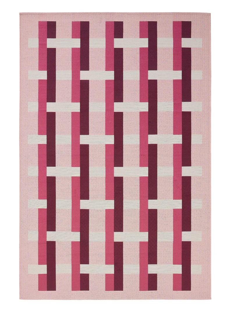 Tapis géométrique quadrillé rose et blanc d'intérieur et d'extérieur 80x165 cm