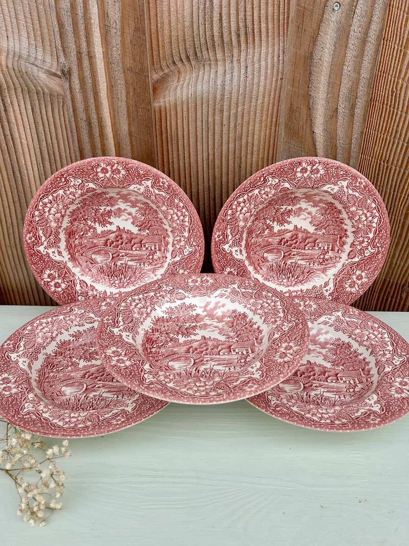 Assiettes creuses en faïence rouge style anglais-lot de 5
