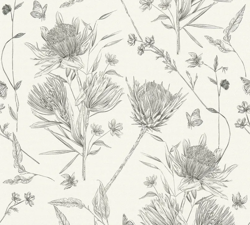 Papier peint dessin floral et papillon Champêtre beige (Collection Empreinte)